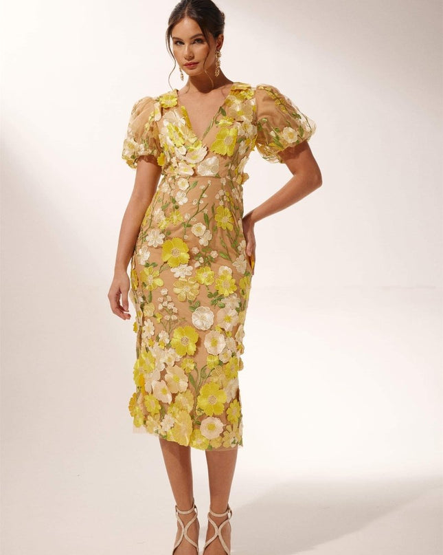 Sally V yakalı çiçekli midi elbise