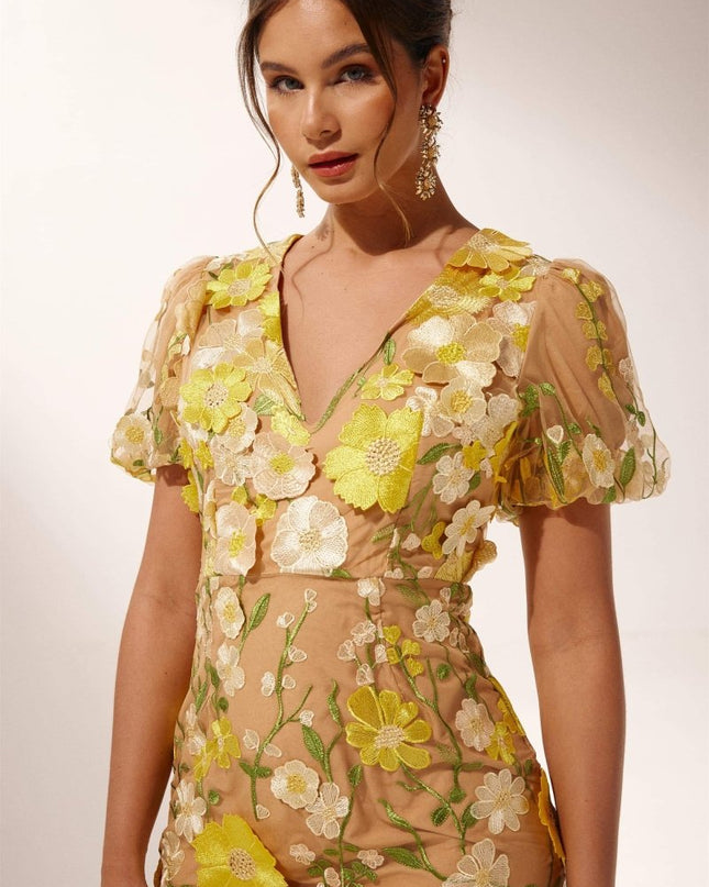 Sally V yakalı çiçekli midi elbise