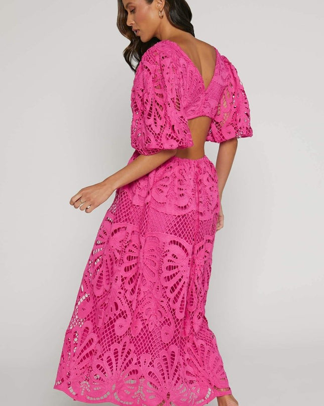 Sandra İşlemeli Dantel Kesimli Midi Elbise