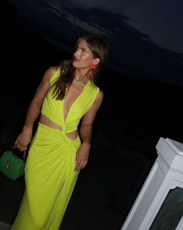 Sara V yaka Yüksek Yırtmaçlı Uzun Elbise