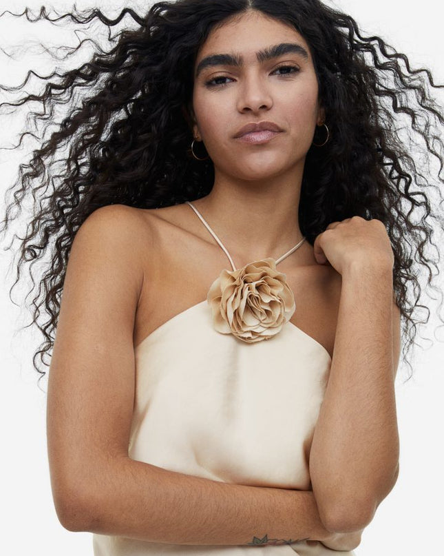 Sia Çıkarılabilir Gül Halter Yaka Midi Elbise