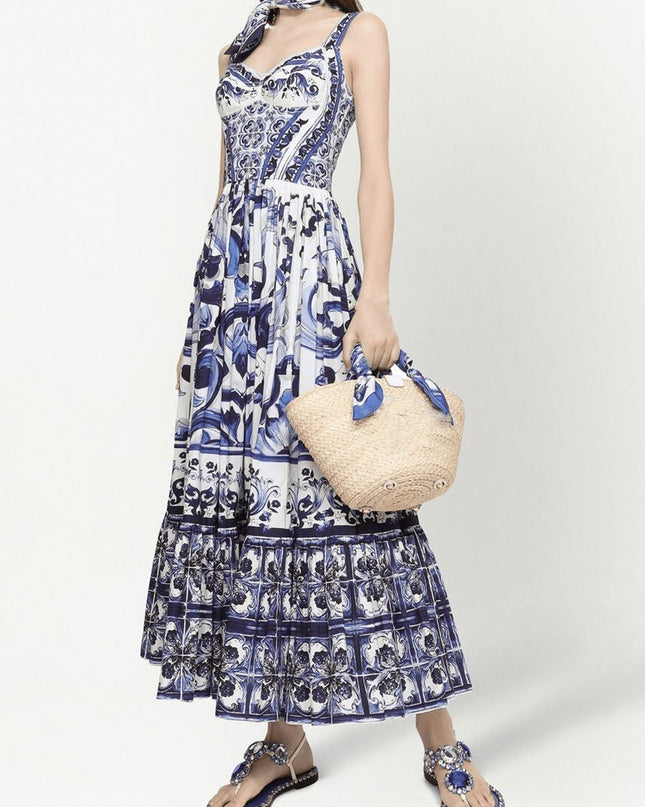 Sibyl Baskılı Büzgülü Askılı Uzun Elbise