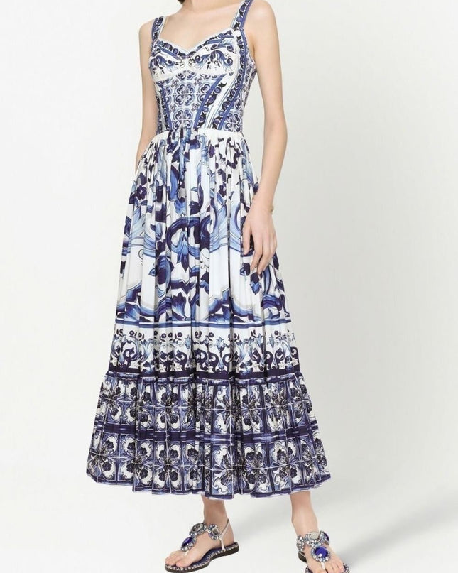 Sibyl Baskılı Büzgülü Askılı Uzun Elbise