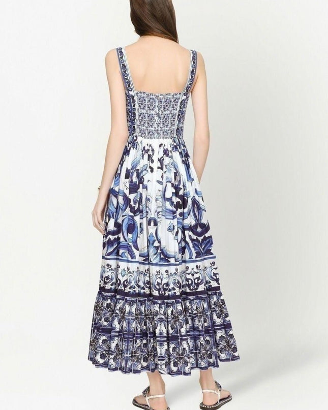 Sibyl Baskılı Büzgülü Askılı Uzun Elbise