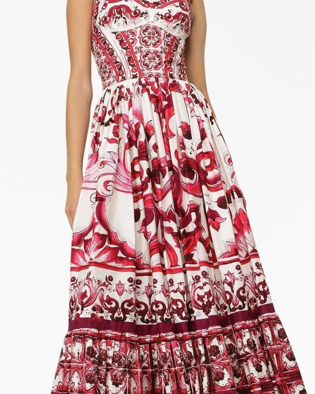 Sibyl Baskılı Büzgülü Askılı Uzun Elbise