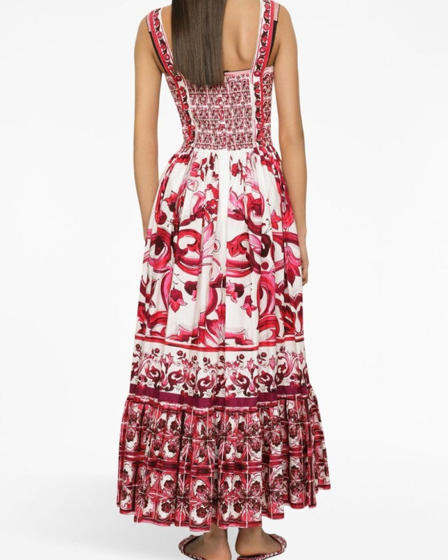 Sibyl Baskılı Büzgülü Askılı Uzun Elbise