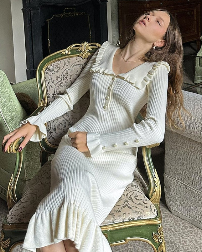 Sicilya Ruffle İnci Midi Örgü Elbise