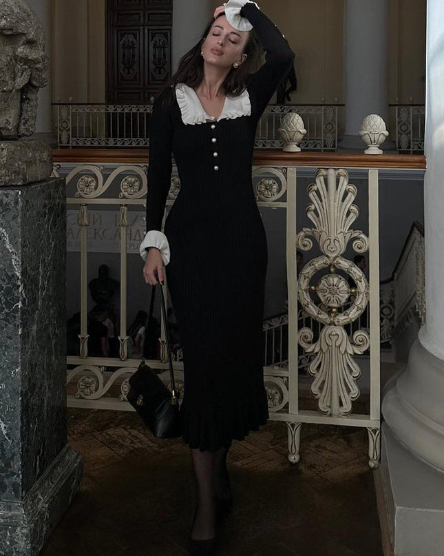 Sicilya Ruffle İnci Midi Örgü Elbise