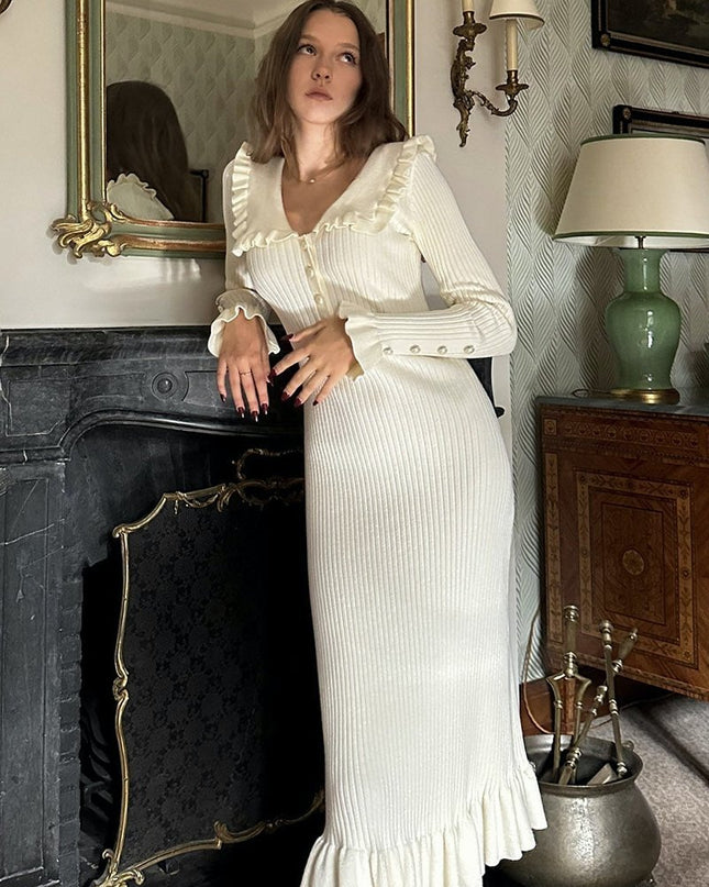 Sicilya Ruffle İnci Midi Örgü Elbise