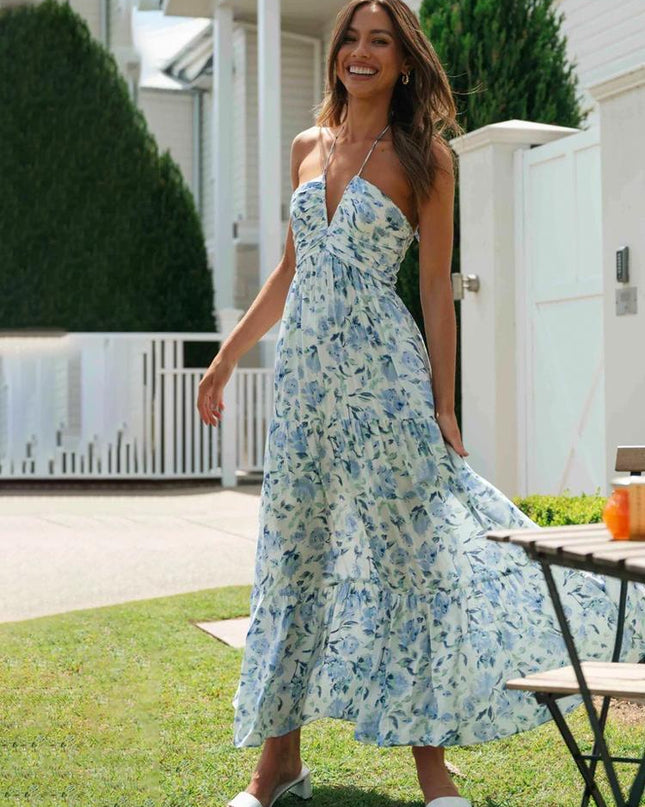 Sue Çiçek Baskılı Halter Yaka Uzun Sundress