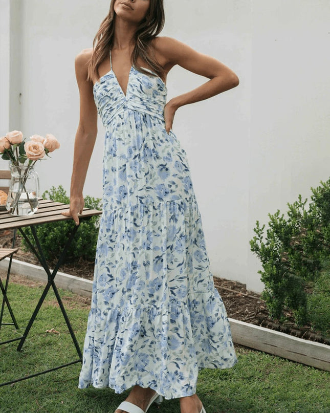 Sue Çiçek Baskılı Halter Yaka Uzun Sundress