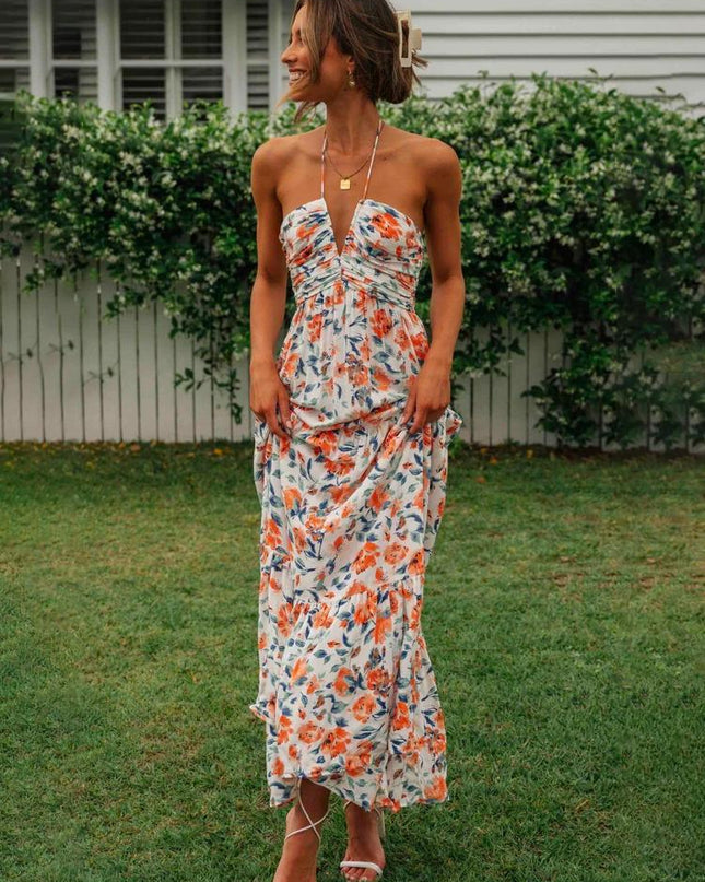 Sue Çiçek Baskılı Halter Yaka Uzun Sundress