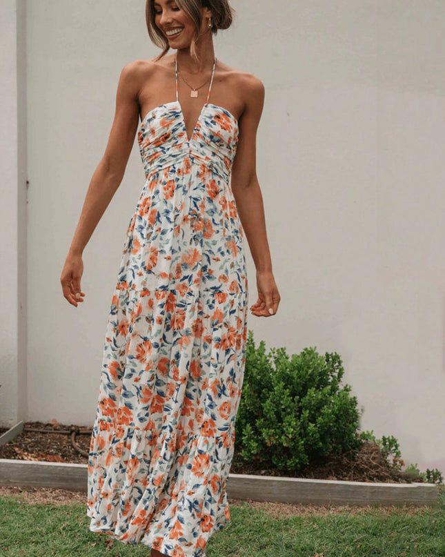 Sue Çiçek Baskılı Halter Yaka Uzun Sundress