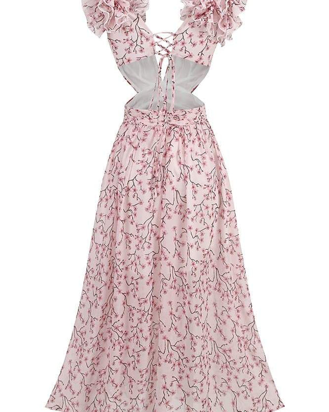 Suzanne Çiçek Baskılı Kesikli Uzun Elbise