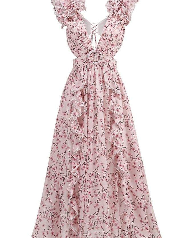 Suzanne Çiçek Baskılı Kesikli Uzun Elbise