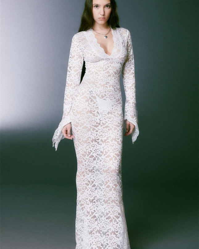 Virginia Şeffaf Dantel Denizkızı Uzun Elbise